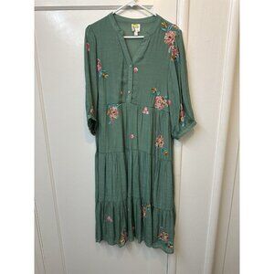 Anthropologie Fig & Flower Green Tiered Embroidered Maxi Dress L Whimsical Boho